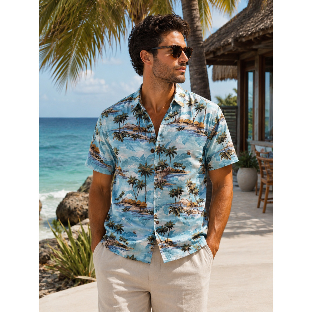 Tropical vibes Island shores mens camp shirt size small Vacation Summer Beachy